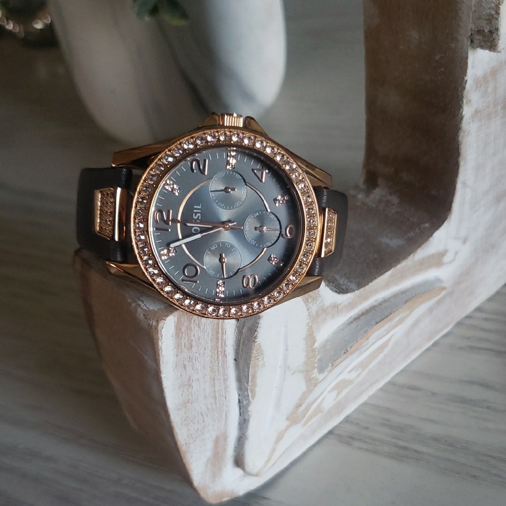 Fossil Gold and Black Watch with Crystal Accents